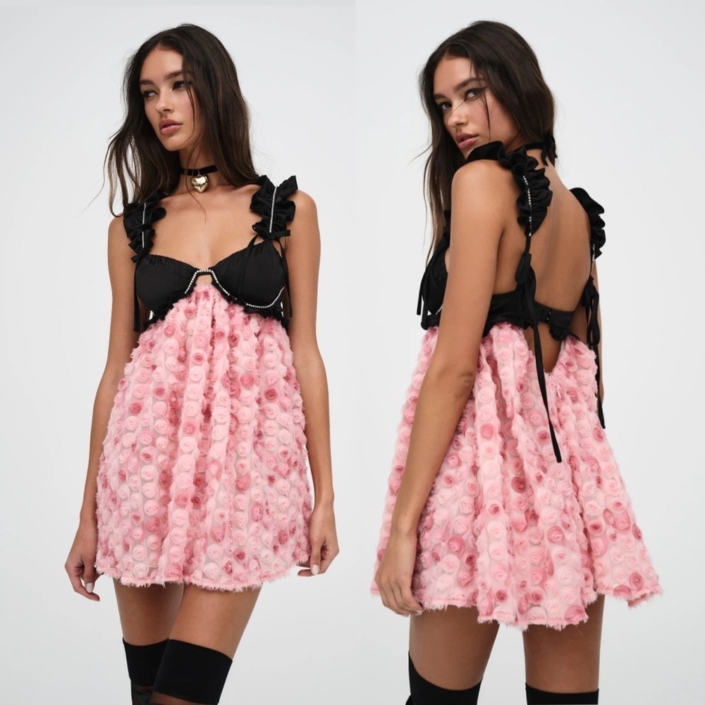 For Love And Lemons Skye Mini Dress Black and Pink size large roses cocktail